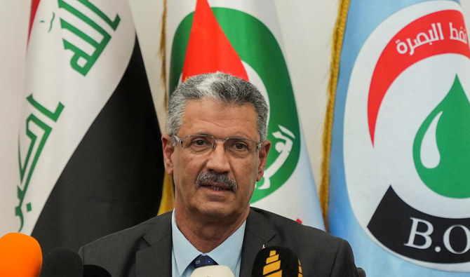 Iraq’s oil minister Hayan Abdel-Ghani speaks during a press conference at Iraq’s Majnoon oil field near Basra, Iraq, May 12, 2023. (Reuters/File)