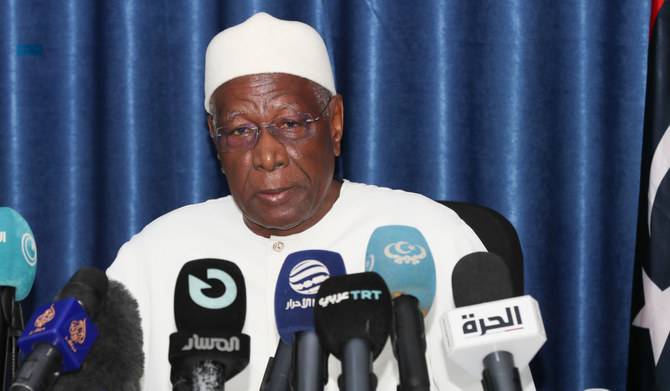 Abdoulaye Bathily, UN Special Representative for Libya and Head of the United Nations Support Mission in Libya (UNSMIL), gives a press conference in Tripoli on March 11, 2023. (AFP)