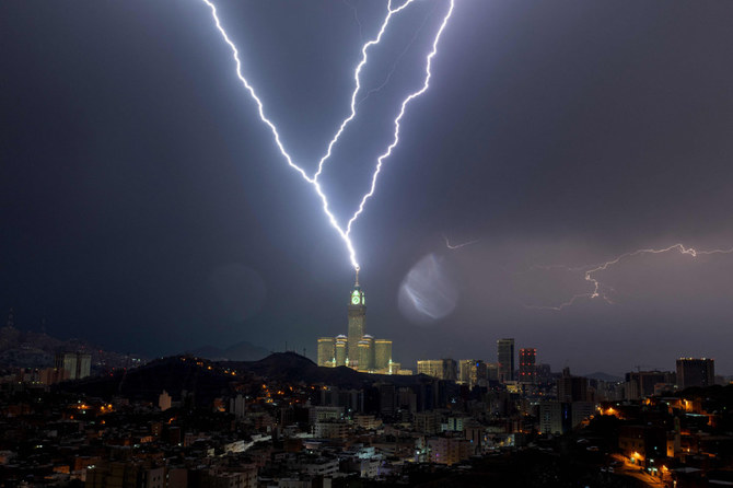 A picture taken on August 22, 2023 shows lightning over Makkah's clock tower in Saudi Arabia. (Hammad Al-Huthali / AFP)