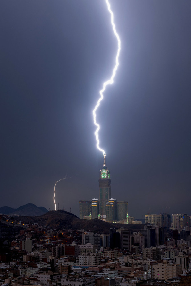 A picture taken on August 22, 2023 shows lightning over Makkah's clock tower in Saudi Arabia. (Hammad Al-Huthali / AFP)