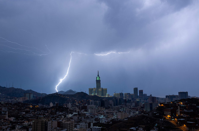 A picture taken on August 22, 2023 shows lightning over Makkah's clock tower in Saudi Arabia. (Hammad Al-Huthali / AFP)