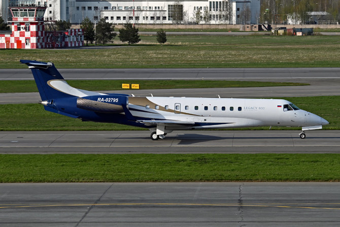 A view shows the Embraer Legacy 600 (plane number RA-02795) private aircraft on the tarmac of the Pulkovo International Airport in Saint Petersburg, Russia, on May 9, 2023. (REUTERS/Luba Ostrovskaya)