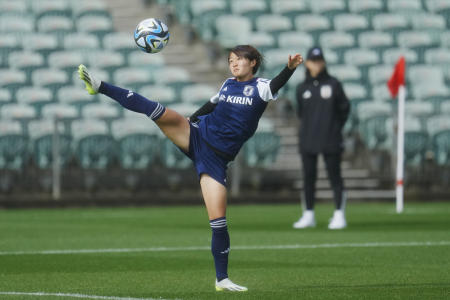 Japan's Hinata Miyazawa takes part in drills during a FIFA Women's World Cup team practice in Auckland, New Zealand, Tuesday, Aug. 8, 2023. (AP)