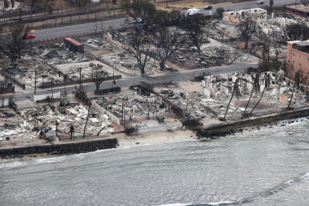 An aerial view shows the community of Lahaina after wildfires driven by high winds burned across most of the town several days ago, in Lahaina, Hawaii, U.S. August 10, 2023. (Reuters)