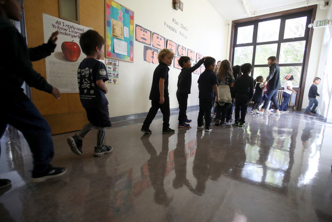 School children evacuate their class during an earthquake drill on Oct. 17, 2019 in San Francisco, California. (Getty Images/AFP)