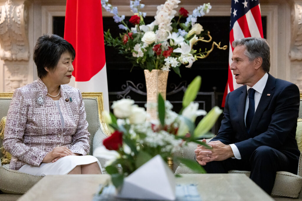 U.S. Secretary of State Antony Blinken, South Korea's Foreign Minister Park Jin and Japan's Foreign Minister Yoko Kamikawa agreed to respond firmly to any acts that threaten regional security in violation of U.N. Security Council resolution. (AFP)