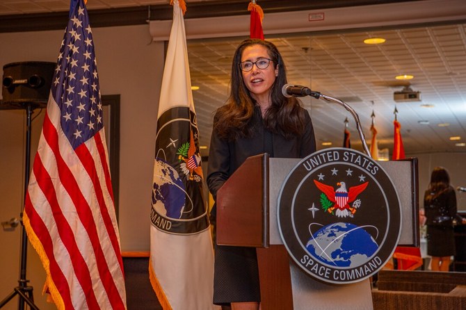US Assistant Secretary of State for Arms Control, Verification and Compliance Mallory Stewart speaks at a space force base. (File/US Space Command)