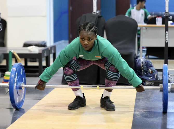 A participant works out at the Prince Faisal bin Fahd Olympic Complex ahead of the World Senior Weightlifting Championship. (Supplied)