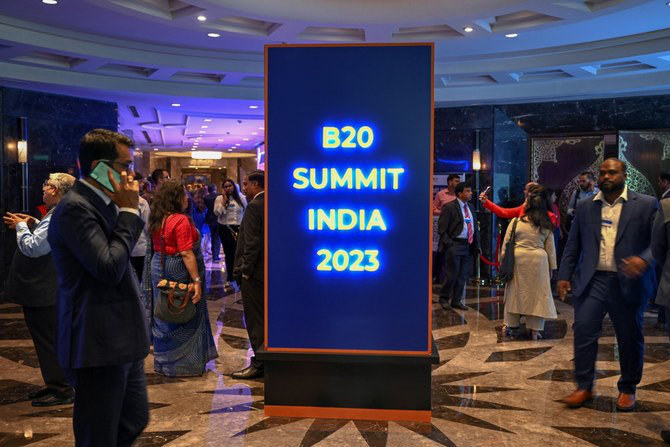 Delegates visit the three-day B20 Summit in New Delhi, India, on Aug. 25, 2023. (AFP)