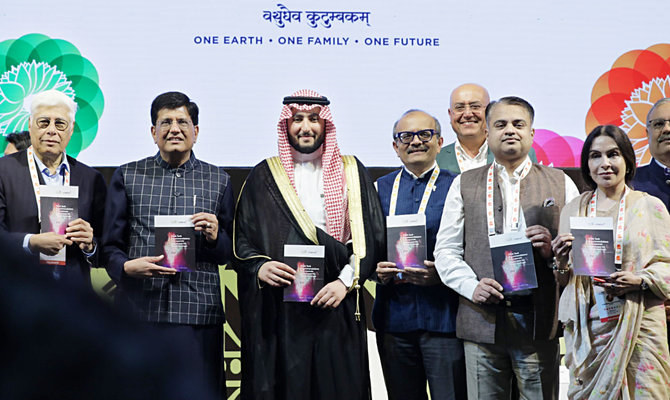 Prince Fahad bin Mansour, center, poses with other G20 delegates during the Startup20 summit in Gurugram, India, on July 4, 2023. (Startup20)