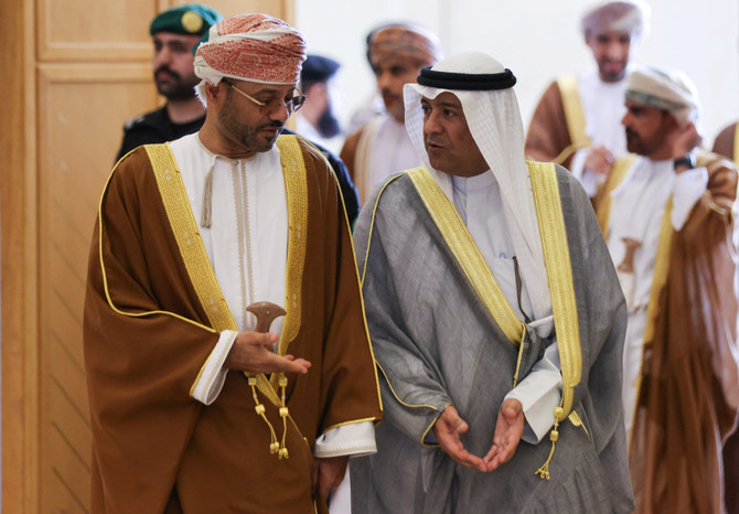 GCC Secretary-General Jasem Mohamed Albudaiwi speaks with Omani Foreign Minister Sayyid Badr Albusaidi during the GCC Ministerial Meeting in Riyadh on September 7, 2023. (Reuters)