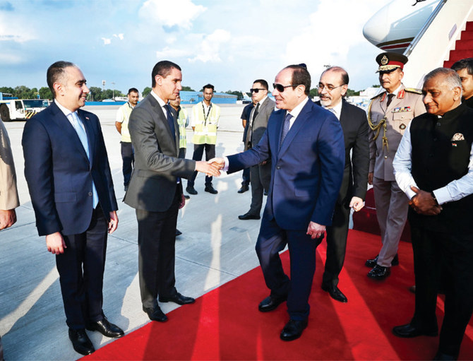 Egyptian President Abdel Fattah Saeed Hussein Khalil El-Sisi gets a warm welcome as he arrives in New Delhi, India, on September 8, 2023, for the G20 Summit. (Indian Ministry of External Affairs handout via EPA)