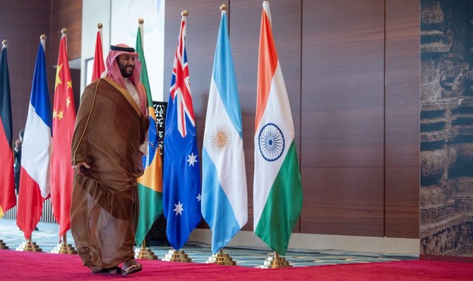Saudi Arabia’s Crown Prince and prime minister Mohammed bin Salman at the G20 Leaders’ Summit in New Delhi on Sept. 9, 2023. (Twitter: @Bandaralgaloud)