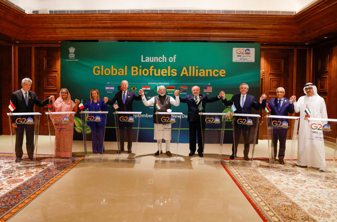 Singapore Prime Minister Lee Hsien Loong, Bangladesh Prime Minister Sheikh Hasina, Italian PM Giorgia Meloni, US President Joe Biden, Indian PM Narendra Modi, Brazilian President Luiz Inacio Lula da Silva, President of Argentina, Alberto Fernandez, Mauritius PM Pravind Kumar Jugnauth and UAE Foreign Minister Sheikh Abdullah bin Zayed Al Nahyan attend the launch of the Global Biofuels Alliance at the G20 summit in New Delhi, India, on September 9, 2023. (REUTERS/Evelyn Hockstein/Pool)