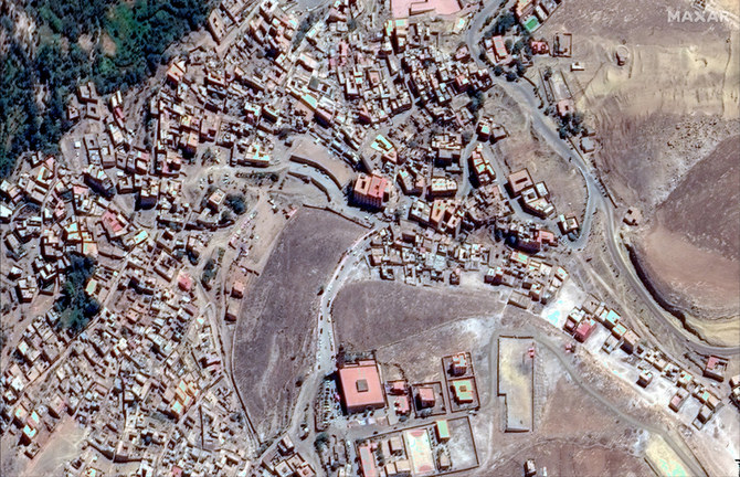 A satellite image shows collapsed buildings in Moulay Brahim, Morocco on September 10, 2023, two days after a powerful earthquake struck the North African country. (Maxar Technologies/Handout via REUTERS)