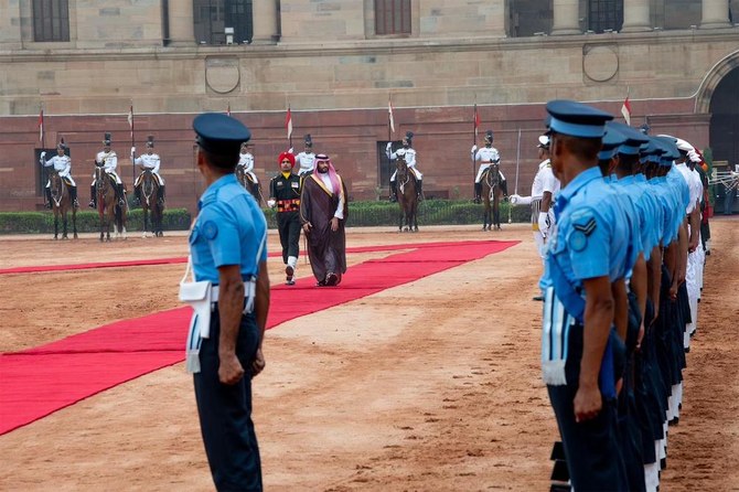 Saudi Arabia’s Crown Prince Mohammed bin Salman troops the line during the ceremonial reception at Rastrapati Bhawan in New Delhi. (Twitter: @spagov)