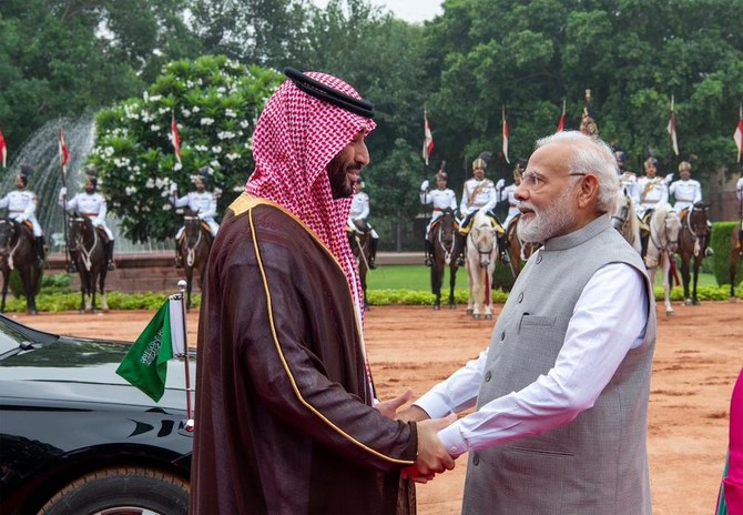 India's Prime Minister Narendra Modi, right, welcomes Saudi Arabia’s Crown Prince Mohammed bin Salman. (Twitter: @spagov)