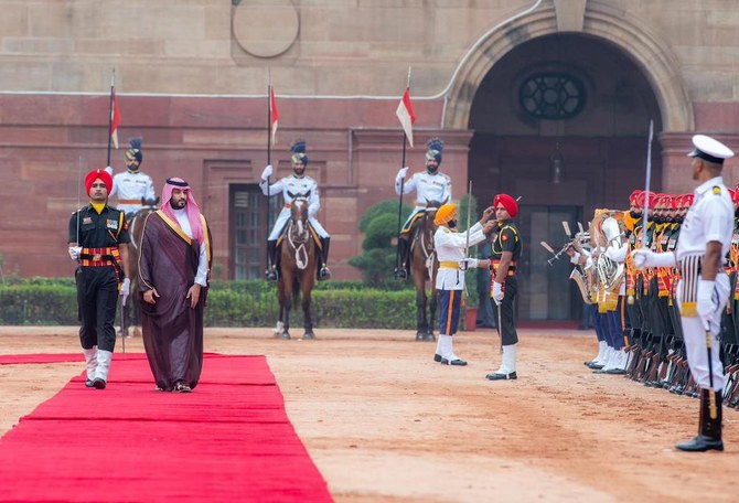 Saudi Arabia’s Crown Prince Mohammed bin Salman troops the line during the ceremonial reception at Rastrapati Bhawan in New Delhi. (Twitter: @spagov)