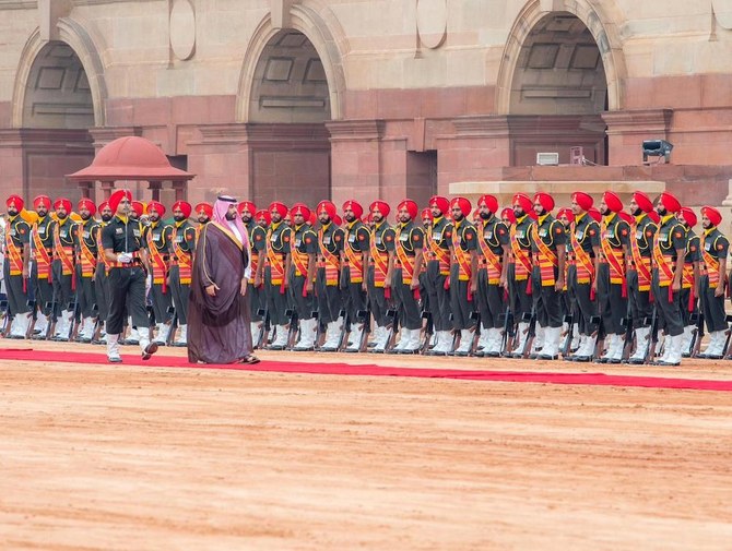 Saudi Arabia’s Crown Prince Mohammed bin Salman troops the line during the ceremonial reception at Rastrapati Bhawan in New Delhi. (Twitter: @spagov)