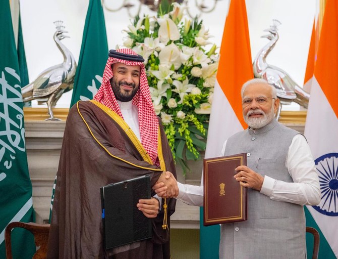 Saudi Arabia’s Crown Prince Mohammed bin Salman signed several agreements with India’s Prime Minister Narendra Modi. (Twitter: @spagov)