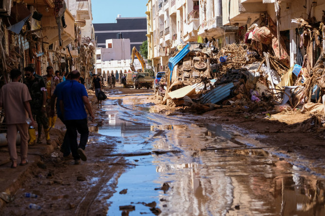 Floodwaters from Mediterranean storm Daniel are visible in the Libyan coastal city of Derna on Sept. 12, 2023. (AP Photo/Jamal Alkomaty)