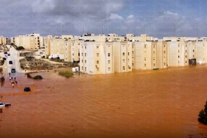 Streets a flooded after storm Daniel in Marj, Libya, on Sept. 11, 2023. (Libya Almasar TV via AP)