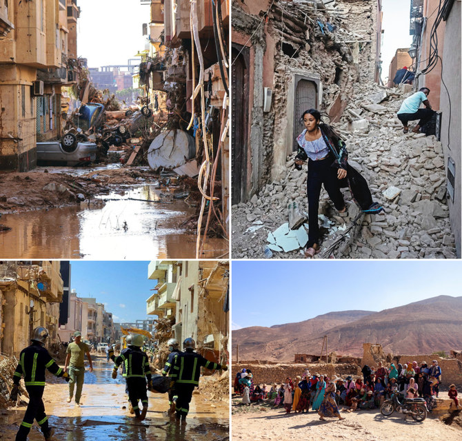 Flash floods overturned vehicles and destroyed infrastructure in the Mediterranean coastal city of Derna, eastern Libya, on Sept. 10, 2023 (left) two days after a powerful earthquake in Morocco shook the Old City of Marrakech (right). (AFP photos)