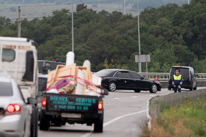 A motorcade of North Korea’s leader Kim Jong Un leaves the Primorye industrial park near the village of Novyy outside Vladivostok on Sept. 17, 2023. (AFP)