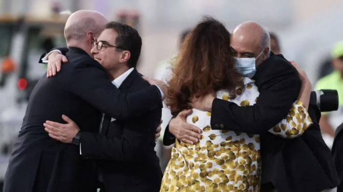 Siamak Namazi and Morad Tahbaz, who were released during a prisoner swap deal between U.S. and Iran, arrive at Doha International Airport, Qatar September 18, 2023. (Reuters)