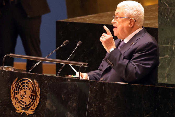 Palestinian president Mahmoud Abbas addressing the 78th United Nations General Assembly at UN headquarters in New York City on Sept. 21, 2023. (AFP)