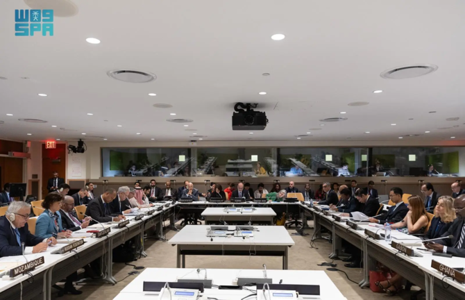 Saudi Foreign Minister Prince Faisal bin Farhan takes part in interactive dialogue session between the Arab League and UN Security Council. (SPA)