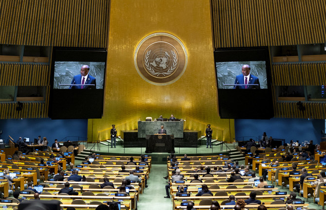 Gen. Abdelrahman Al-Burhan, president of Sudan's Transitional Sovereign Council, addresses the 78th session of the United Nations General Assembly on Sept. 21, 2023. (AP Photo)
