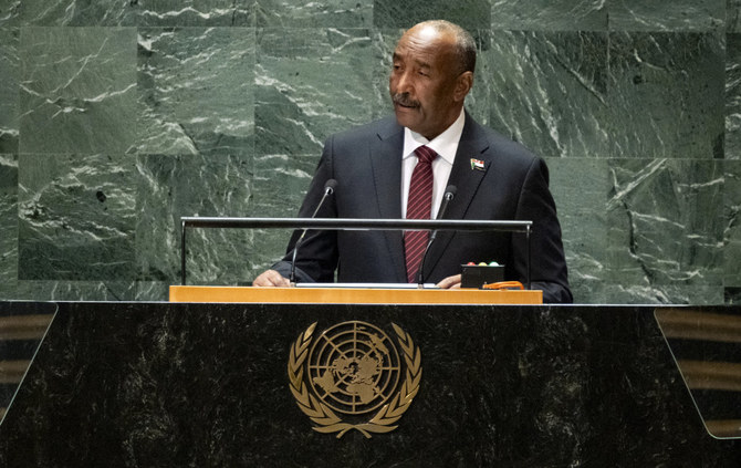 Gen. Abdelrahman Al-Burhan, president of Sudan's Transitional Sovereign Council, addresses the 78th session of the United Nations General Assembly on Sept. 21, 2023. (AP Photo)