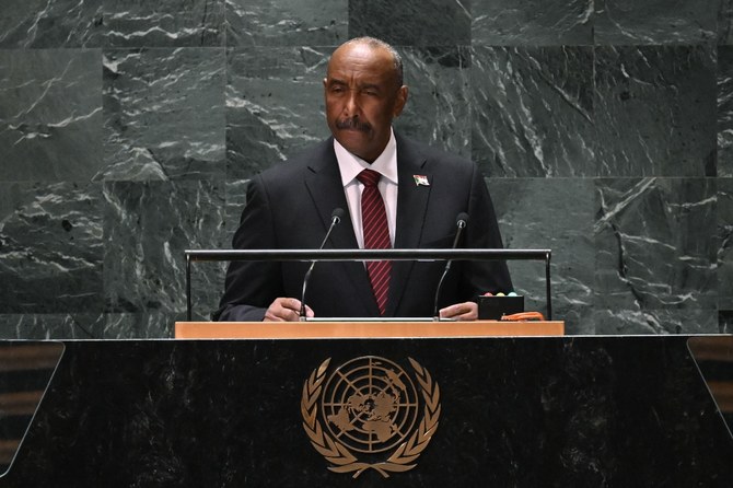 President of the Transitional Sovereignty Council of Sudan Abdel-Fattah Al-Burhan Abdelrahman Al-Burhan addresses the 78th United Nations General Assembly at UN headquarters in New York City on September 21, 2023. (AFP)