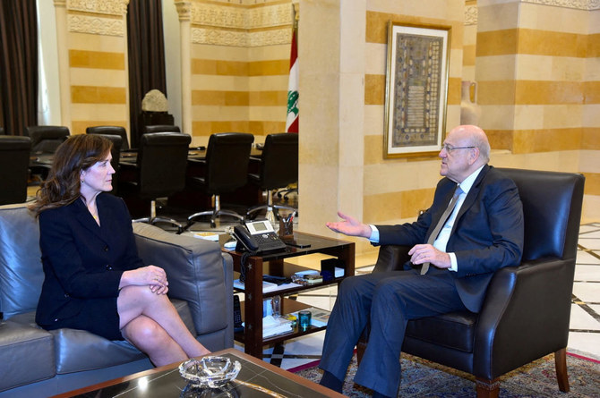 Dorothy Shea, US ambassador to Lebanon, meets with Lebanon’s caretaker Prime Minister Najib Mikati, in Beirut, on Sept. 22, 2023. (Reuters)