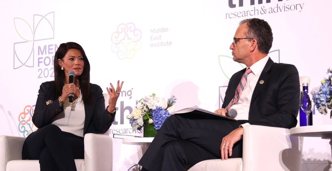Minister of International Cooperation, Rania Al-Mashat talking about financing projects to address climate change and sustainability, within sessions. (VIA X @srmgthink)