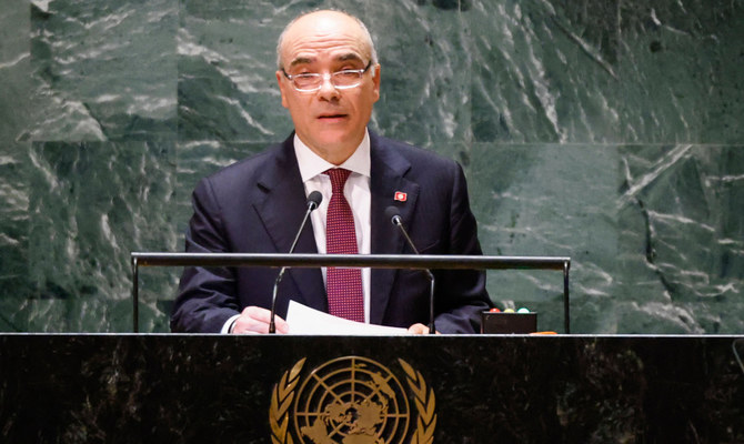 Tunisia's Foreign Minister Nabil Ammar addresses the 78th United Nations General Assembly at UN headquarters in New York City on Sept. 23, 2023. (AFP)