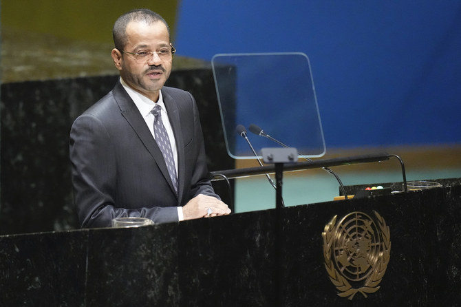 Oman's Foreign Minister Sayyid Badr bin Hamad bin Hamood Albusaidi addresses the 78th session of the United Nations General Assembly, Saturday, Sept. 23, 2023, at United Nations headquarters. (AP)