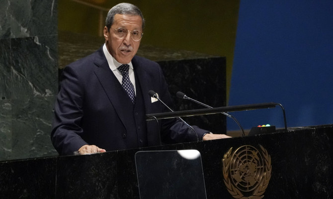 Morocco’s UN Ambassador Omar Hilale addresses the 78th session of the United Nations General Assembly, Tuesday, Sept. 26, 2023. (AP)