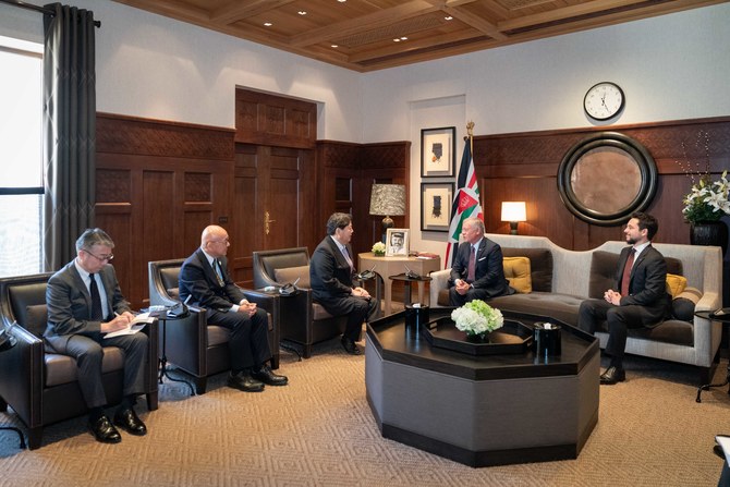 Jordan's King Abdullah II and Crown Prince Hussein meet with Japan’s Foreign Minister Hayashi Yoshimasa. (Petra)