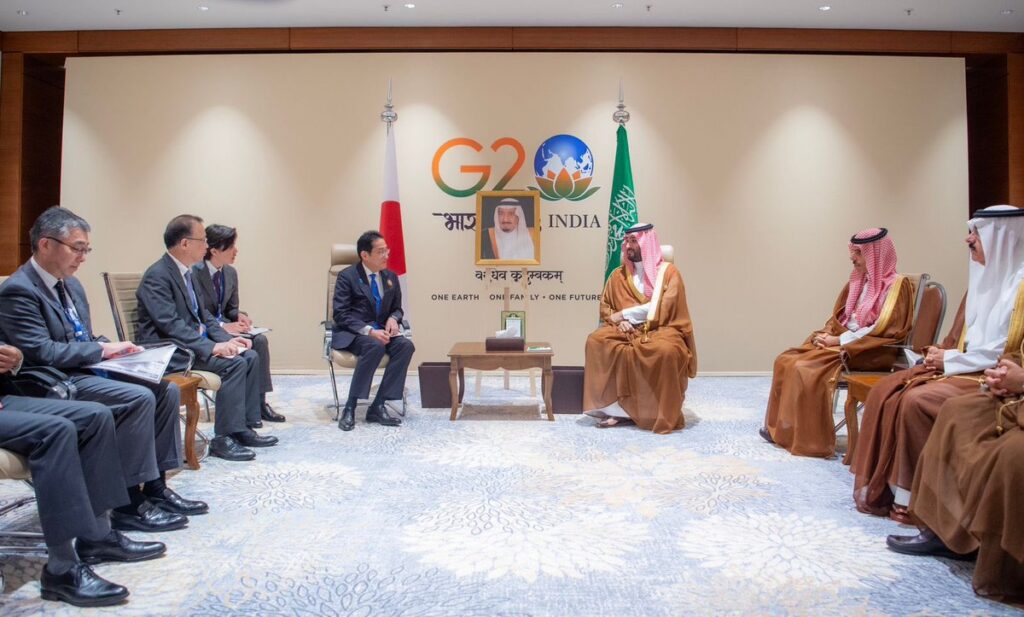 Japanese Prime Minister KISHIDA Fumio meeting with Crown Prince Mohammed bin Salman bin Abdulaziz Al-Saud on the sidelines of G20 Summit in India. (@KSAMOFA on X)