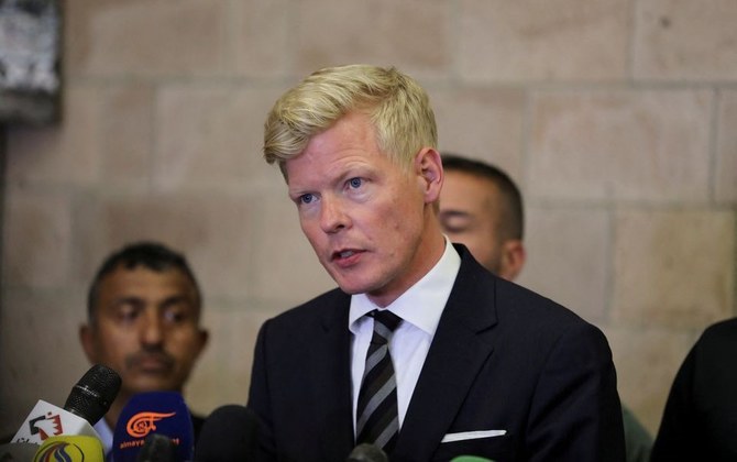 UN Special Envoy for Yemen Hans Grundberg speaks to reporters at Sanaa International Airport, Sanaa, Yemen, June 8, 2022. (Reuters)