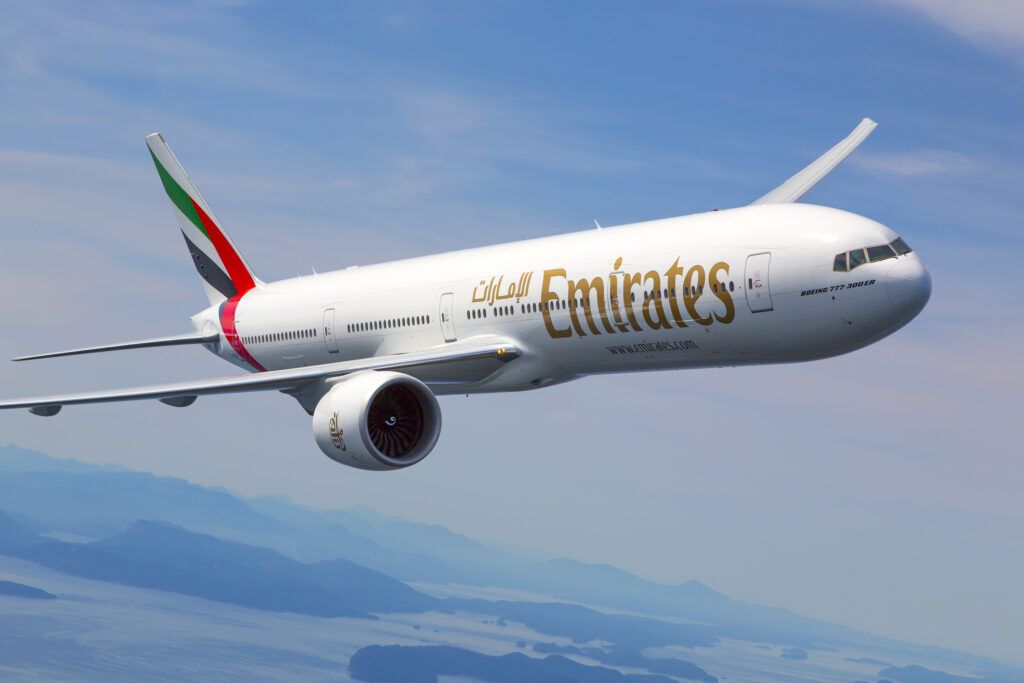 Emirates Boeing 777-300ER photographed on August 17, 2015 from Wolfe Air Aviation's Lear 25B. (Emirates)
