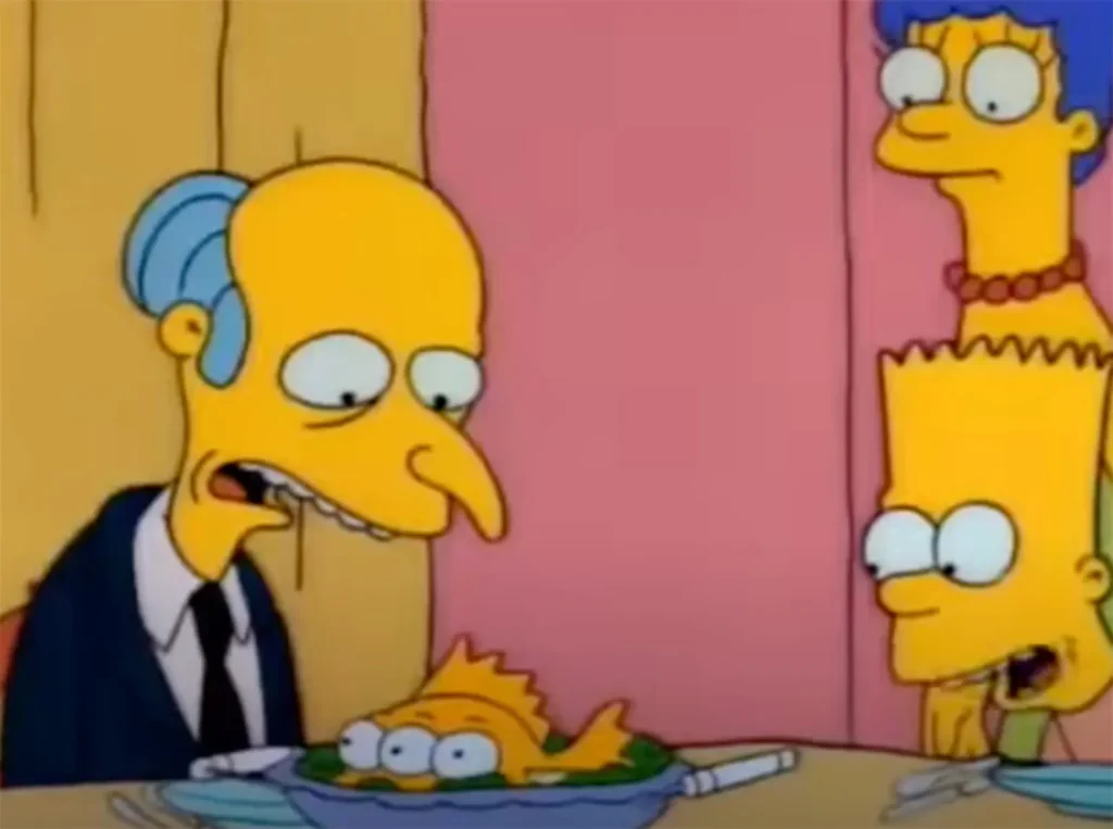 Many social media users pointed out the similarities between Mr. Burns and Kishida’s fish-eating scenes. (Via Disney+)