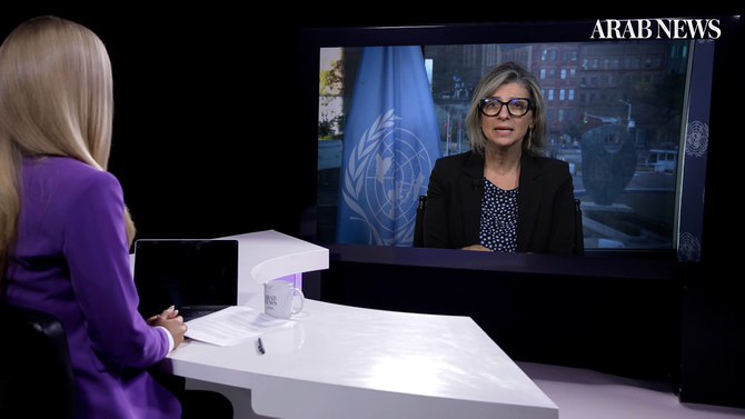 Francesca Albanese, UN special rapporteur on the situation of human rights in the Palestinian territories occupied since 1967, speaks to Katie Jensen, host of “Frankly Speaking.” (AN Photo)