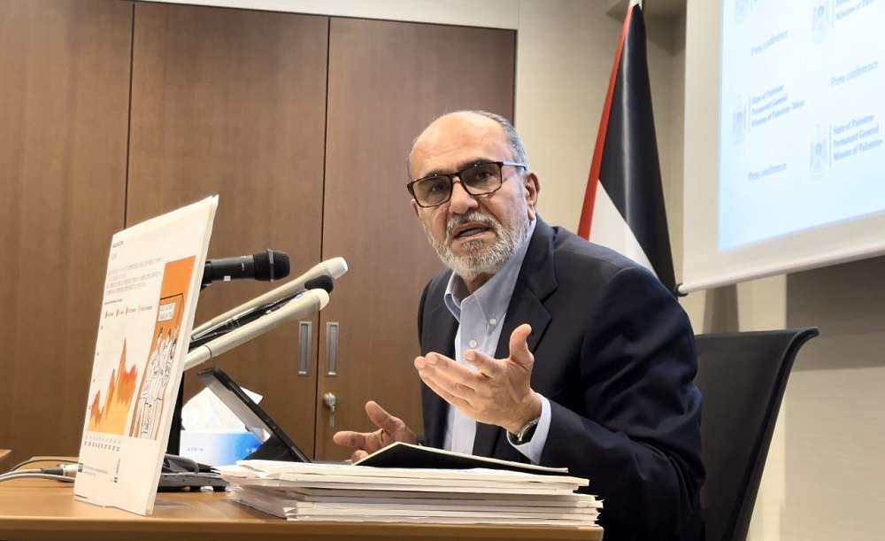 Waleed Siam, the Representative of Palestine in Japan, during a press conference in Tokyo on Wednesday. (ANJ)