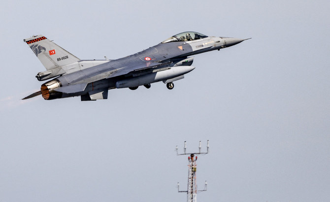 This photo taken on June 9, 2023, shows an F-16 combat jet aircraft of the Turkish air force taking off at the Air Defender Exercise 2023 in the military airport of Jagel, Germany. (AFP)