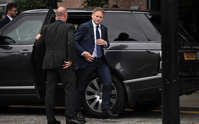Britain’s Defense Secretary Grant Shapps arrives at the annual Conservative Party Conference in Manchester, northern England, on October 2, 2023. (AFP)