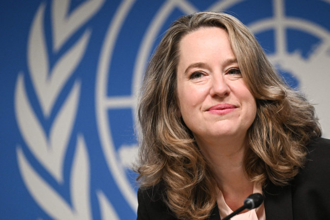 New Director General of the International Organization for Migration (IOM) Amy Pope attends a press conference at the United Office in Geneva, on October 2, 2023. (AFP)