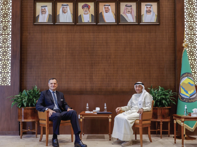 The secretary-general of the Gulf Cooperation Council met the EU’s ambassador to Saudi Arabia on Tuesday at the headquarters of the GCC in Riyadh. (X/@GCCSG)